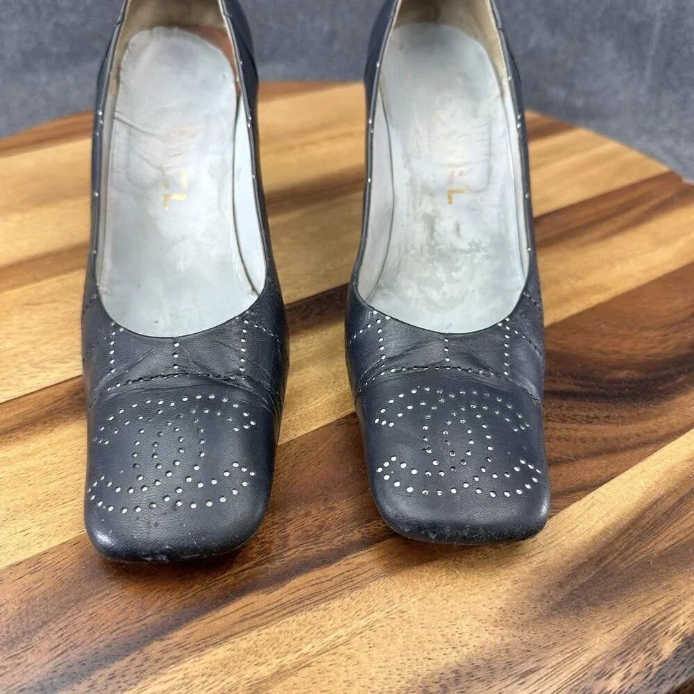 Chanel Womens Pumps Blue Leather Sz 36/6 Mark Punch CC Logo Heels Square Toe